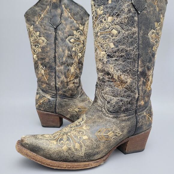 Corral Circle G Women's Black Crackle/Bone Embroidery Snip Toe Leather Boots 9M - Picture 1 of 16